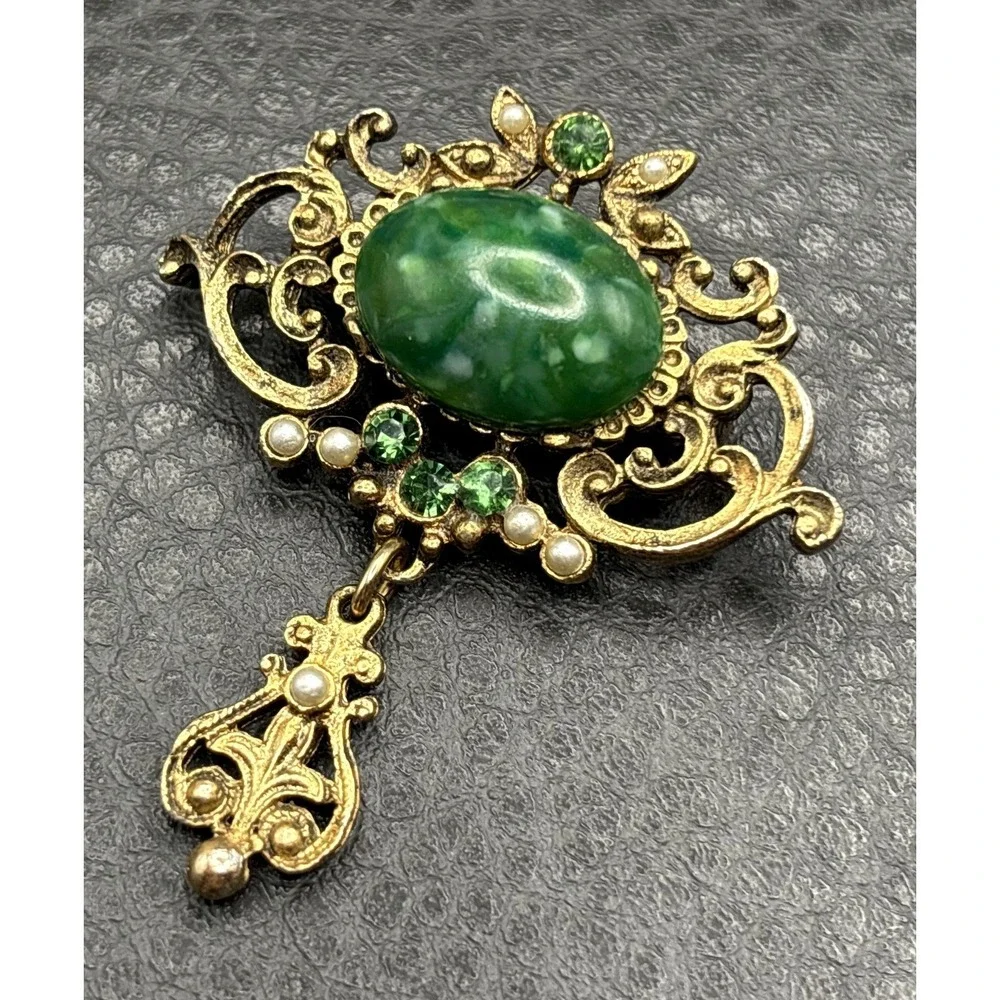 Vintage Marbled Green Cabochon Brooch Faux Pearl Rhinestone Dangle Charm